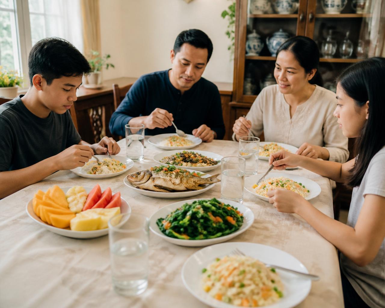 A family sharing a balanced meal of fish, vegetables, rice, and fruit