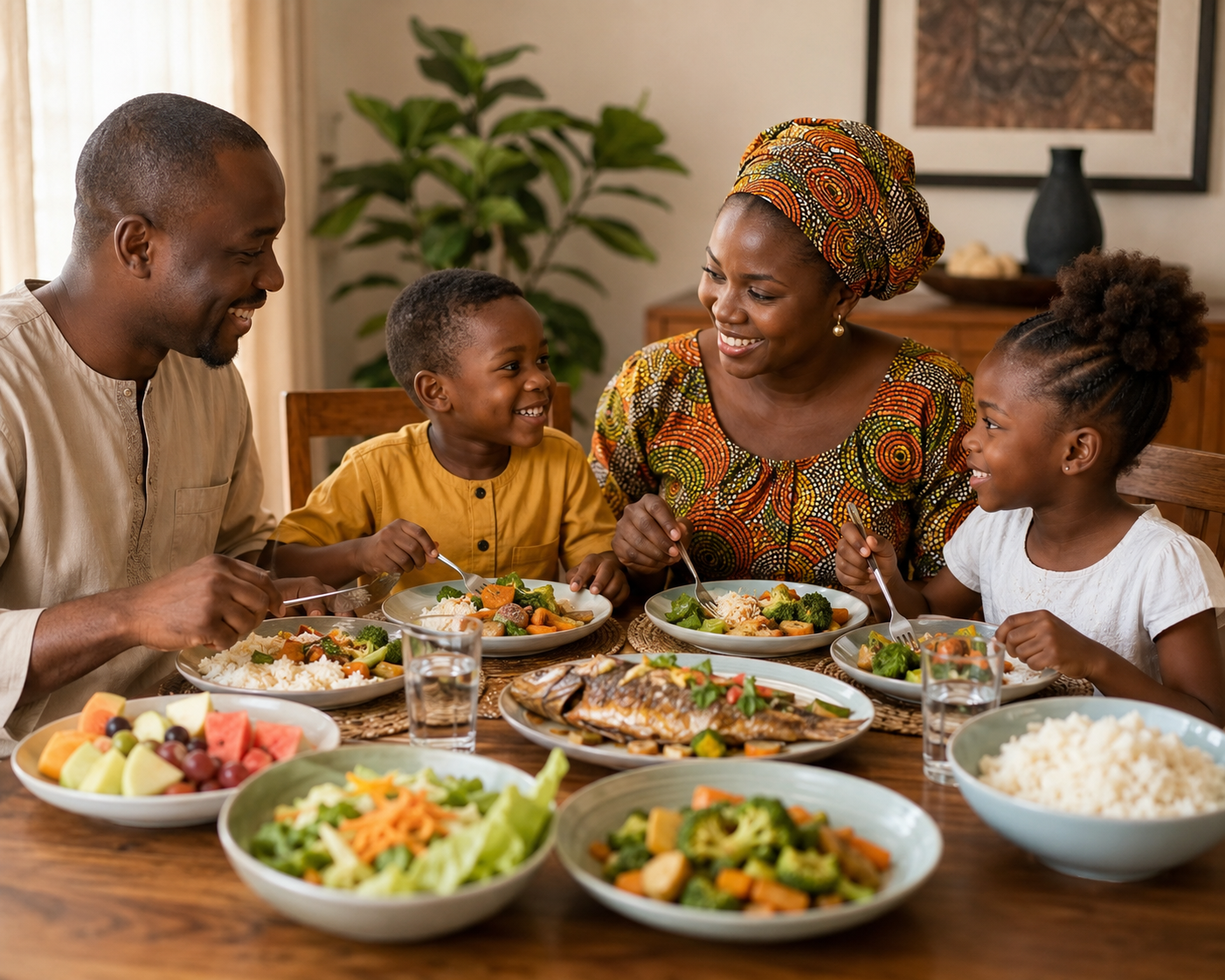 A family sharing a balanced meal of fish, vegetables, rice, and fruit
